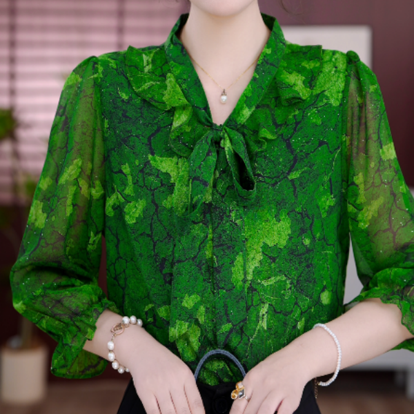 2025新款浮绿几春优雅V领气质小衫套头衬衫长袖时髦上衣打底衫女