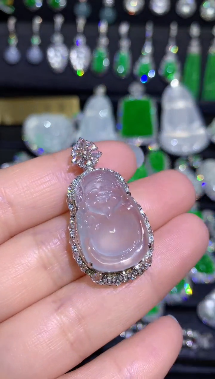 【闪购商品】翡翠颈饰18K金镶嵌玻璃种财神不封底一刀切 