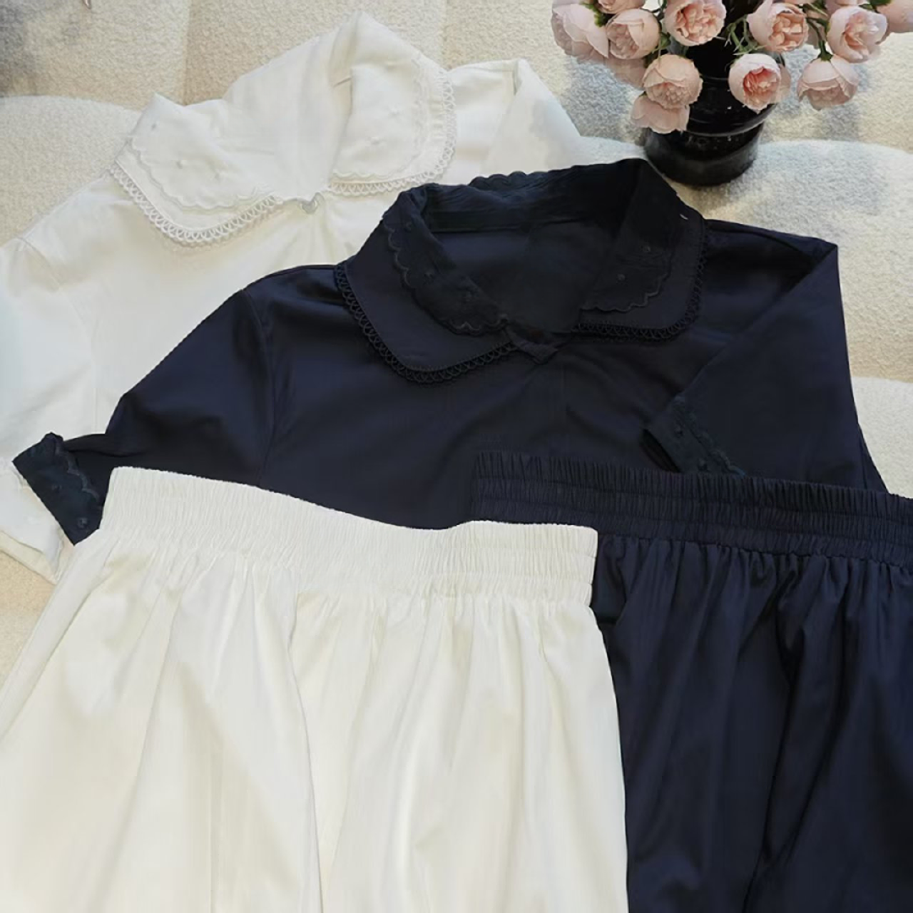 时尚休闲花边翻领套装短袖半身裙5234