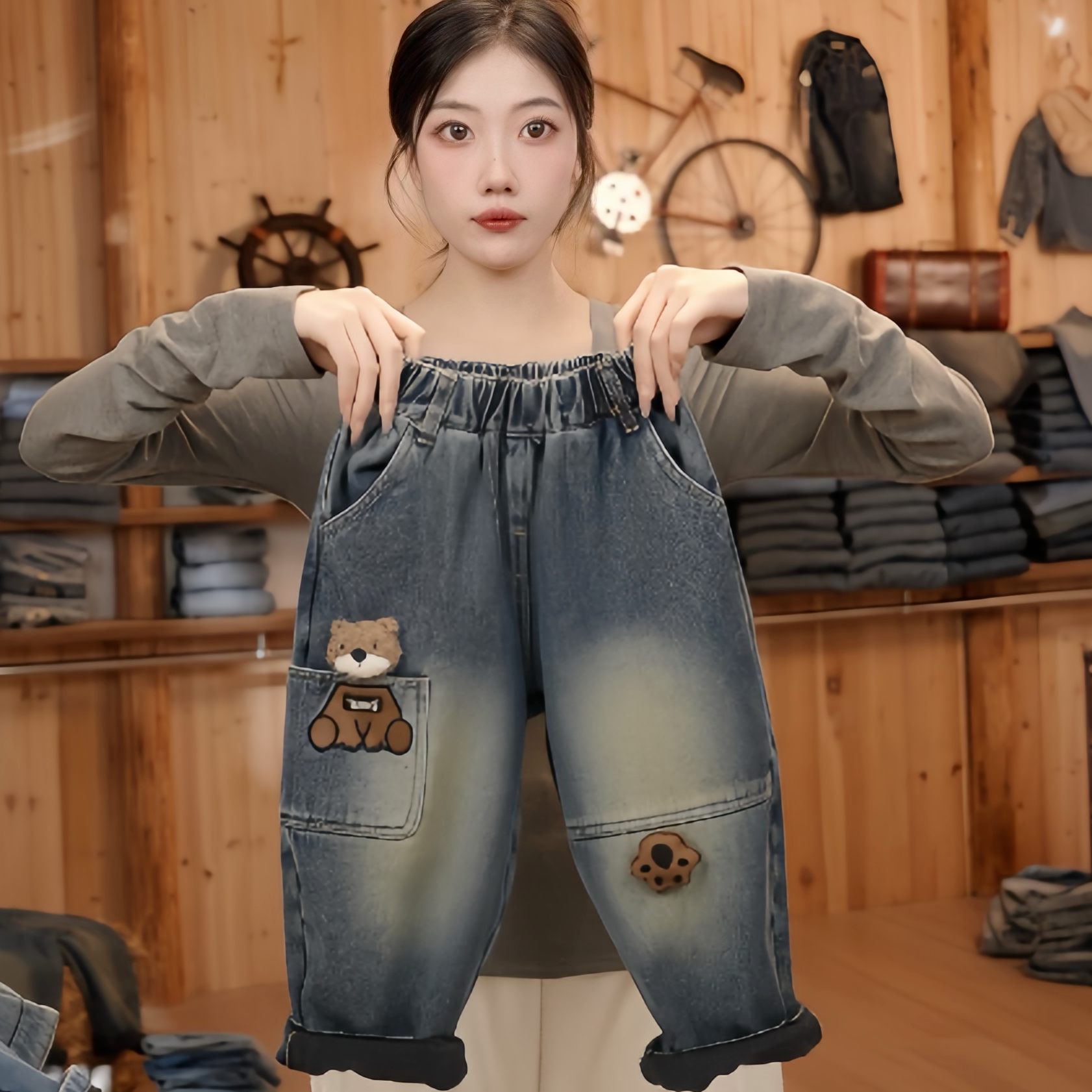 【皇室童缘】冬季新款男童加绒可爱立体小熊牛仔裤