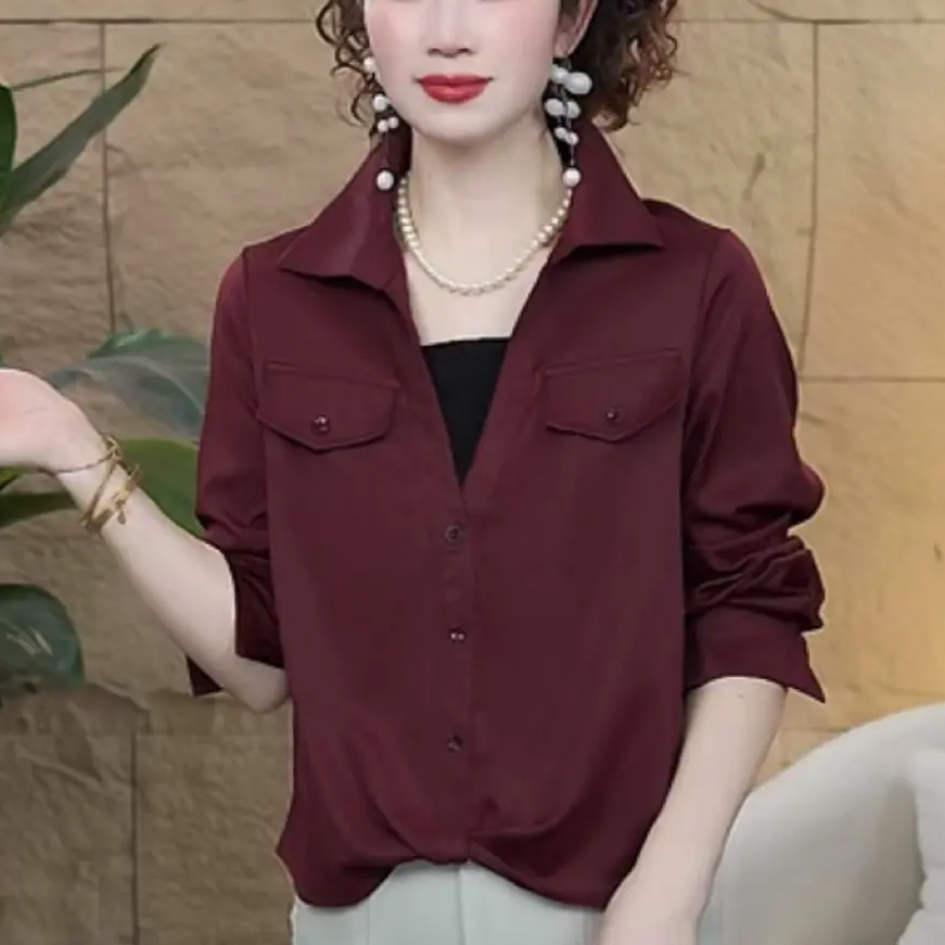 2025早秋新款时翻领纯色假两件洋气百搭减龄修身显瘦气质长袖上衣