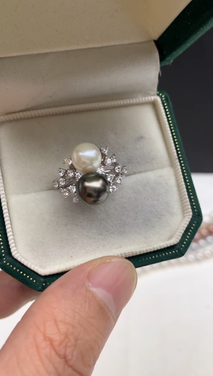 银S925镶嵌aa海水珍珠双珠戒指