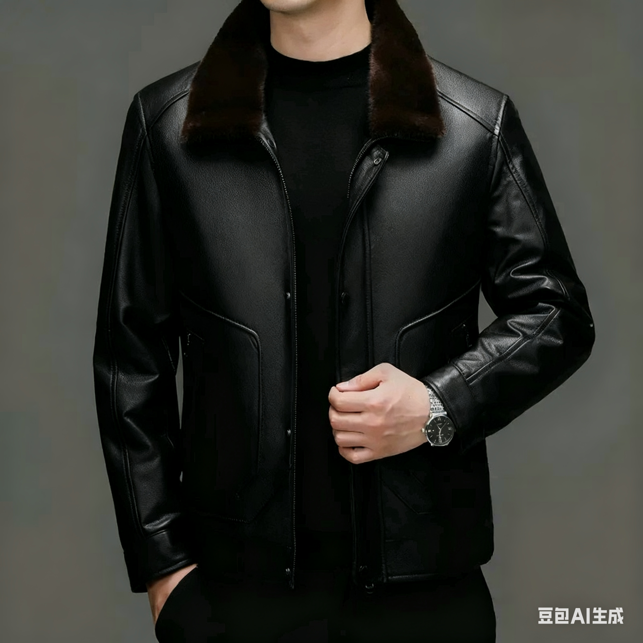 爸爸款冬季保暖头层小牛皮可脱卸貂绒内胆真皮皮衣外套