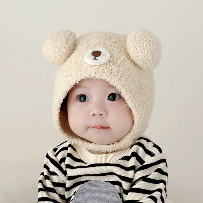 ins韩国婴儿帽子秋冬季可爱超萌小熊毛绒护耳帽男女宝针织包耳帽