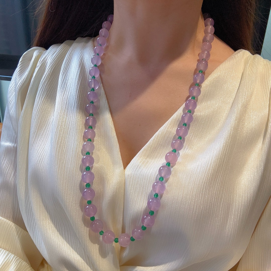QIAOZUN/巧尊天然玉髓12mm珠链冰紫罗兰70cm设计师款高品质项链