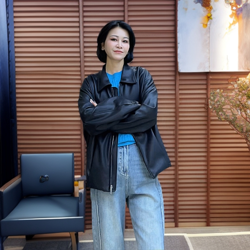 MISS MIN LJ57021春新款洋气黑色翻领拉链皮衣外套女短款机车夹克