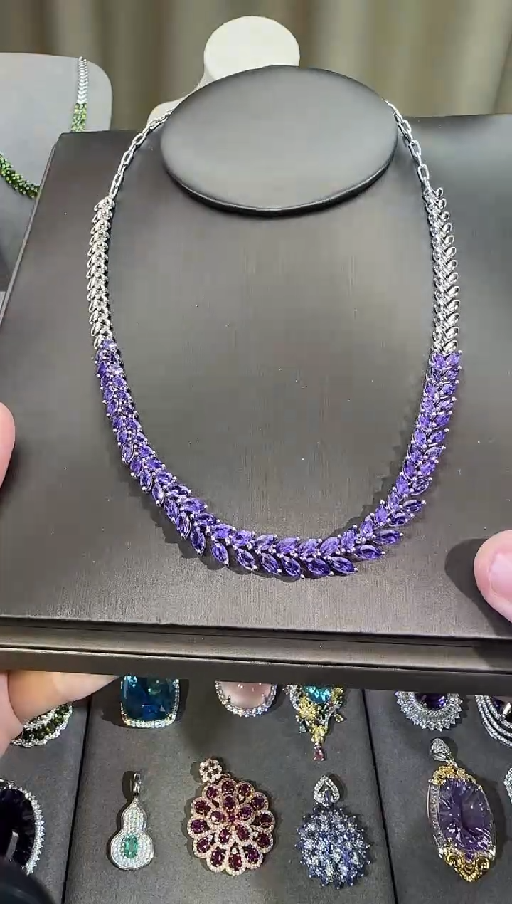 颈饰银S925镶嵌紫晶3*5mm麦穗套链高级款