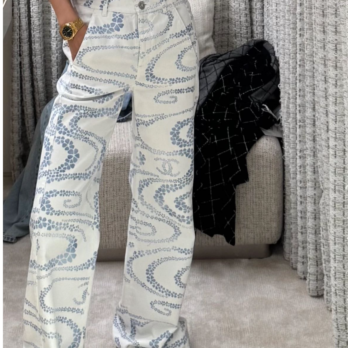 未使用 Chanel/香奈儿  25M沙滩系列宽脚牛仔裤蓝白色配搭 尺码36