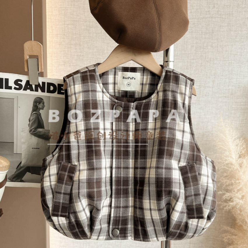 啵小爸单马甲【晴空小径】2025新款冬季男童复古棕栗色格纹夹棉马甲