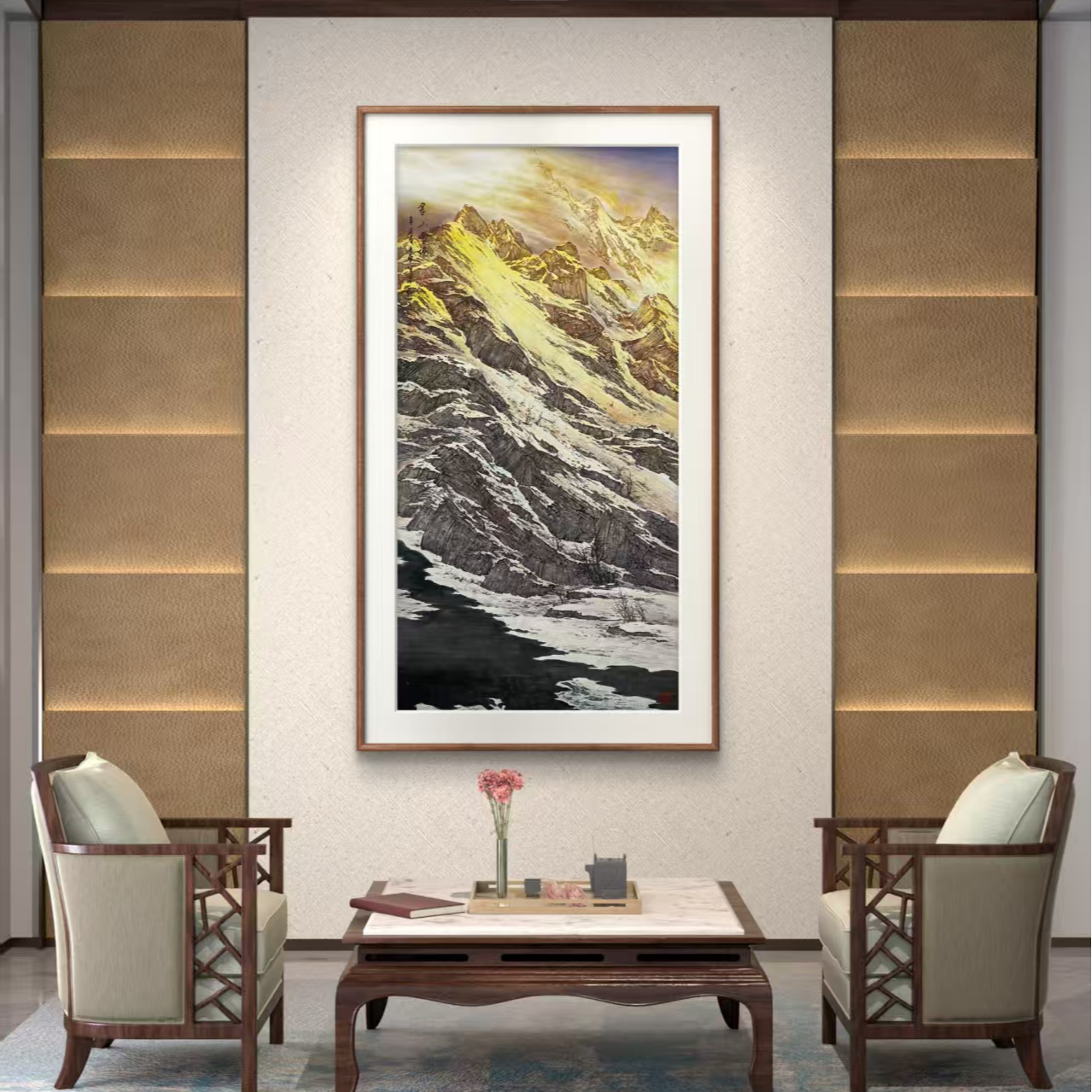 【聚优】李文军140*70纯手绘国画山水画收藏，玄关中堂茶室书房挂画