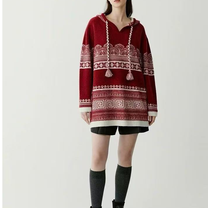 【五谷丰登系列】女士拼色提花宽松时尚休闲连帽复古针织羊绒帽衫