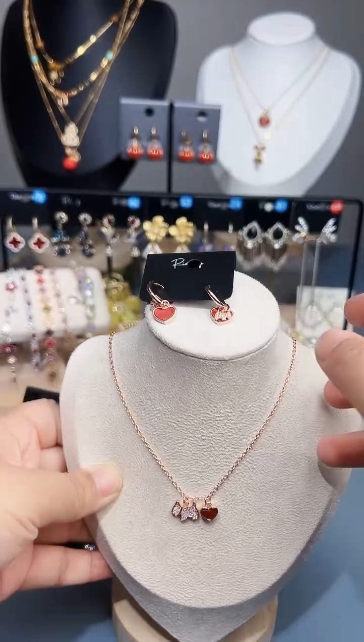 纯铜925银锆石爱心小狗套装