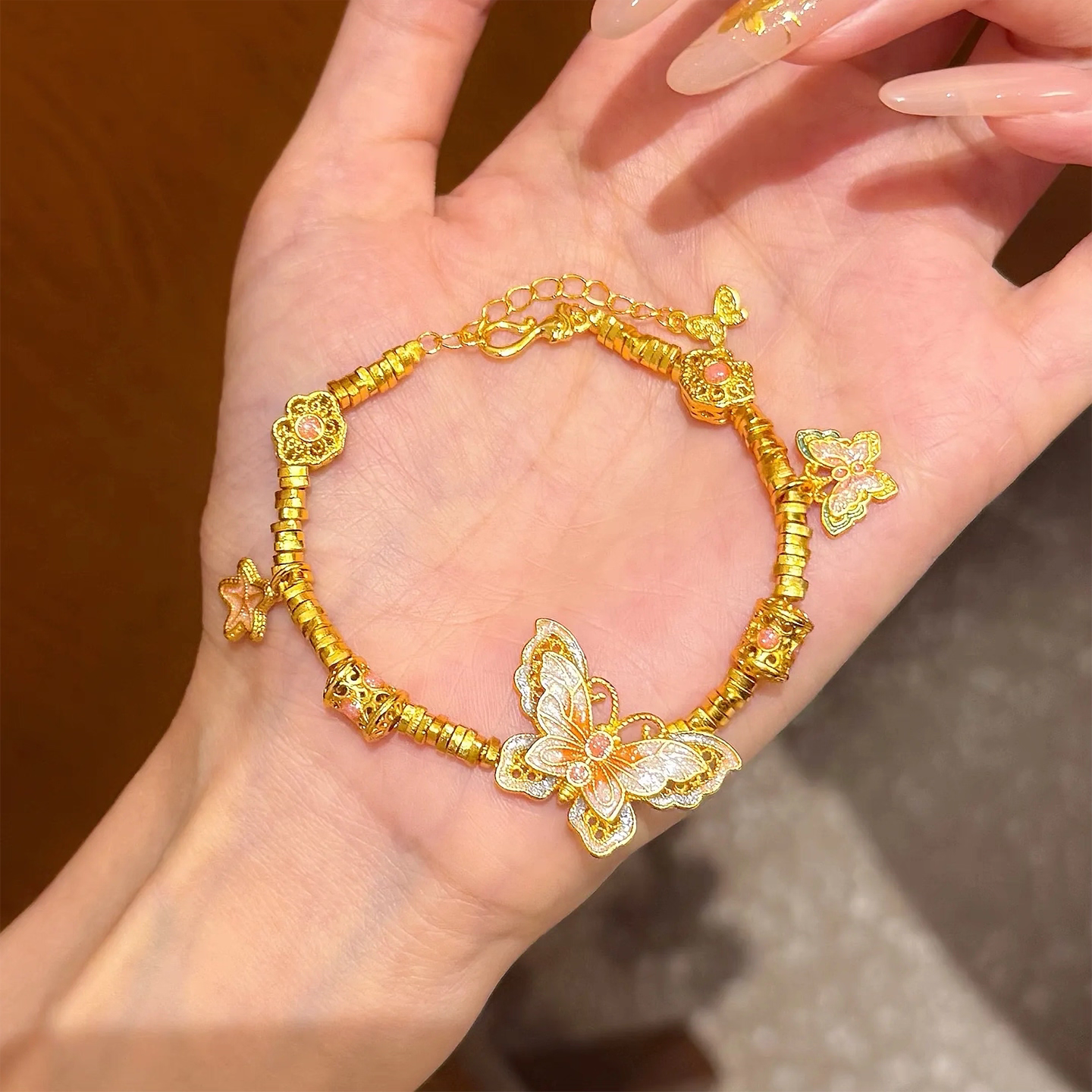 铜合金手链 小众蝴蝶盘缠手链珐琅彩如意福蝶手串轻奢国风送女友