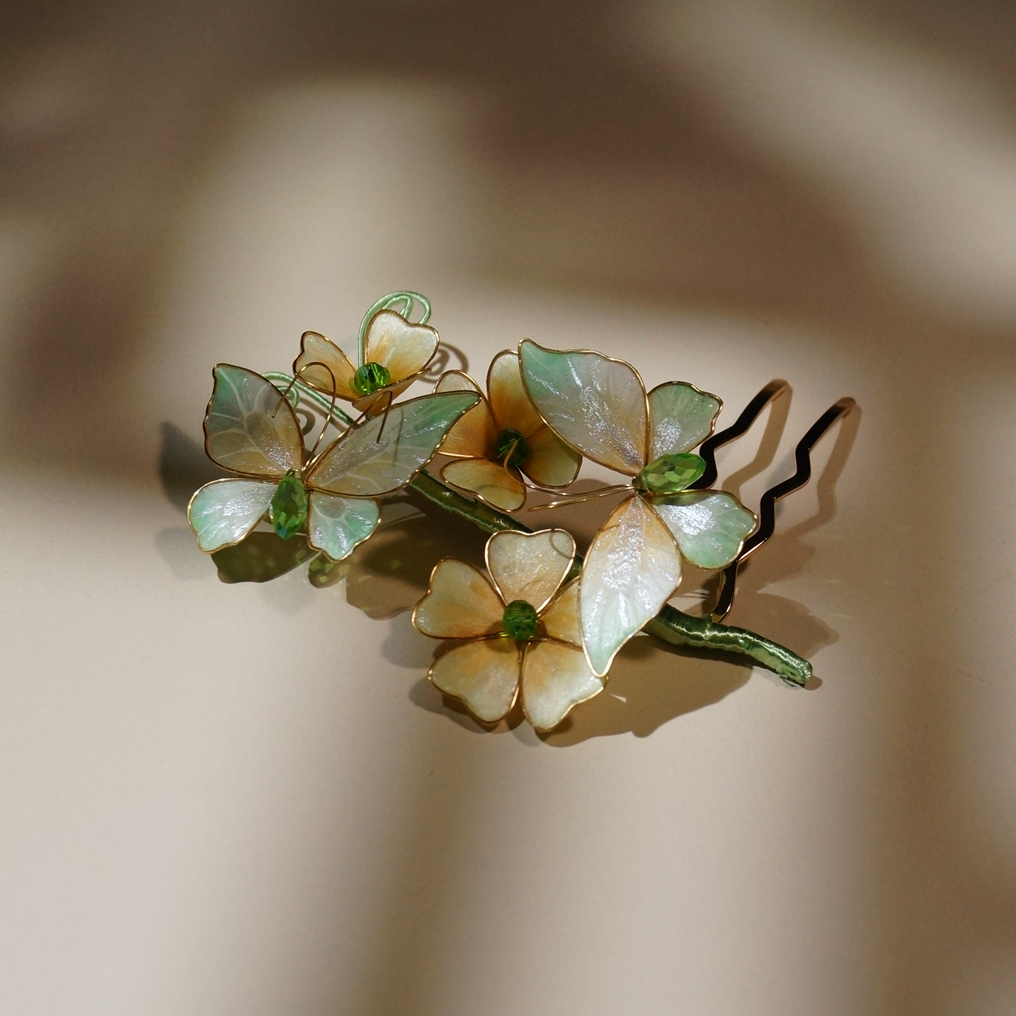 小师妹【碧水橙霞】新款掐丝绒花蝴蝶发钗发簪簪娘手工超仙气