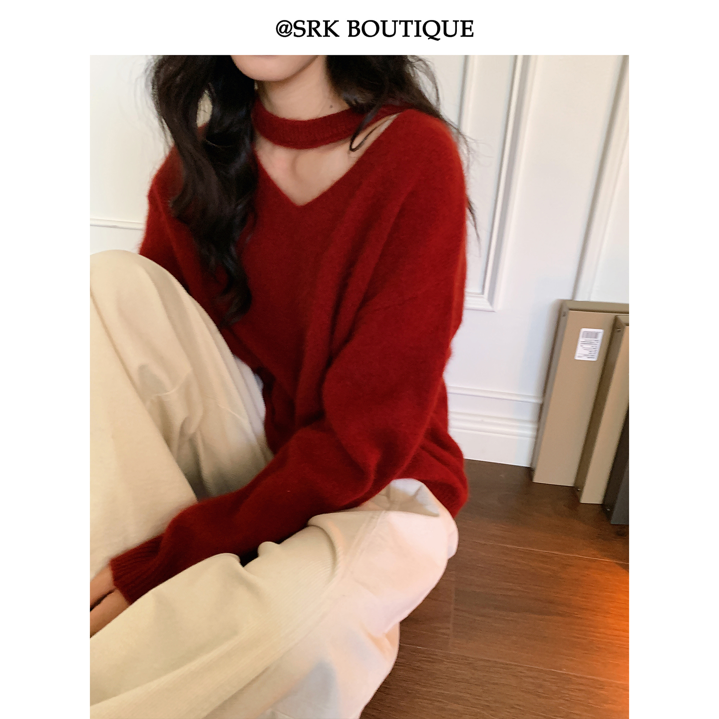 法式复古红软糯毛衣显瘦慵懒温柔风镂空V领挂脖针织上衣S2DW0960