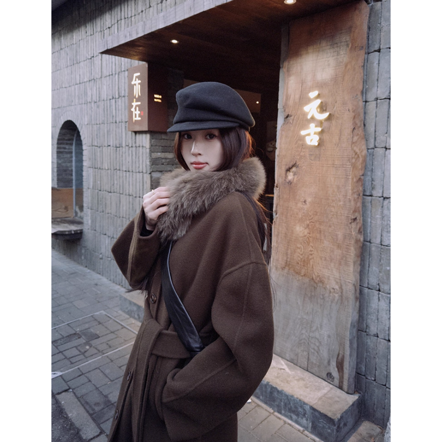 pusumede 出众奢感 100%绵羊毛双面呢大衣女气质收腰长款毛呢外套