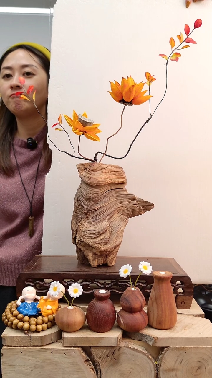 木实木花瓶连花带瓶子一套 