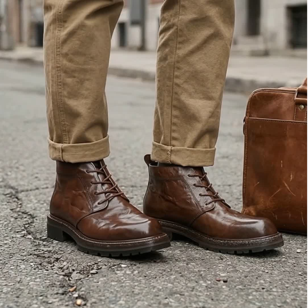 5A75秋季2025新款马丁靴男中帮休闲牛皮工装靴潮流英伦风复古皮靴