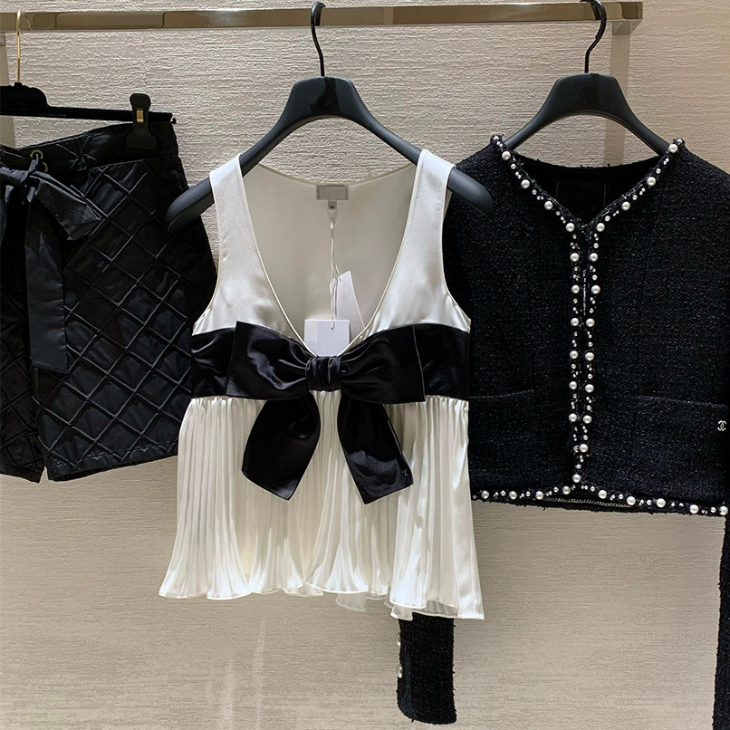 【鱼家高货】真醋酸小香~蝴蝶结百褶肌理感 黑白拼色背心