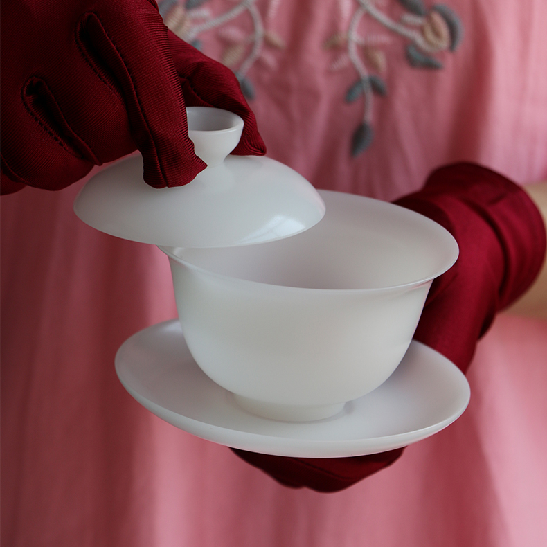 寿桃中元宝盖碗高冰种素烧璞玉瓷盖碗非遗传承薄胎盖下120ML