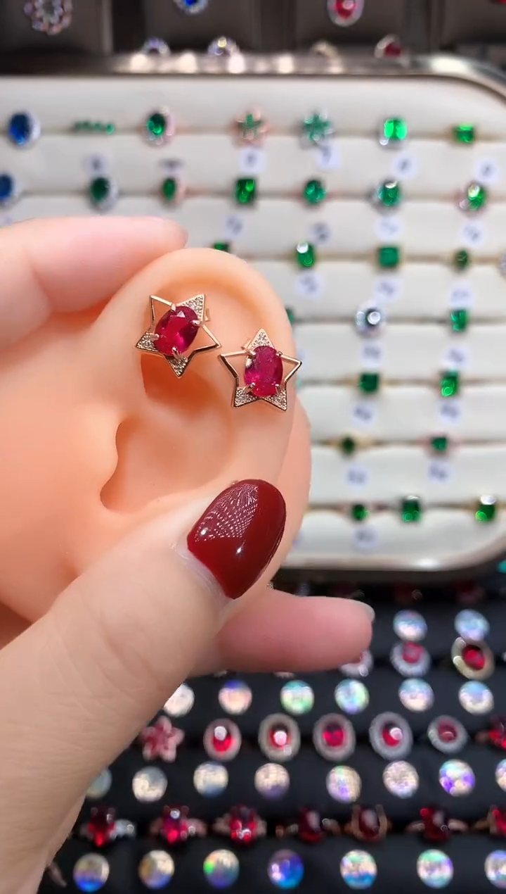 【闪购商品】红宝石耳饰银S925镶嵌玫瑰金