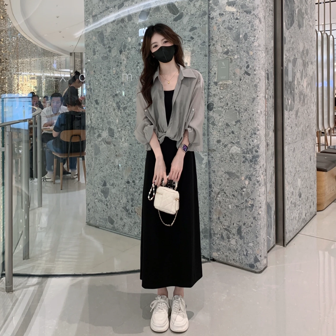 拉夏贝尔时尚夏季2025套装女防晒衬衫吊带时尚减龄显瘦遮肉两件套