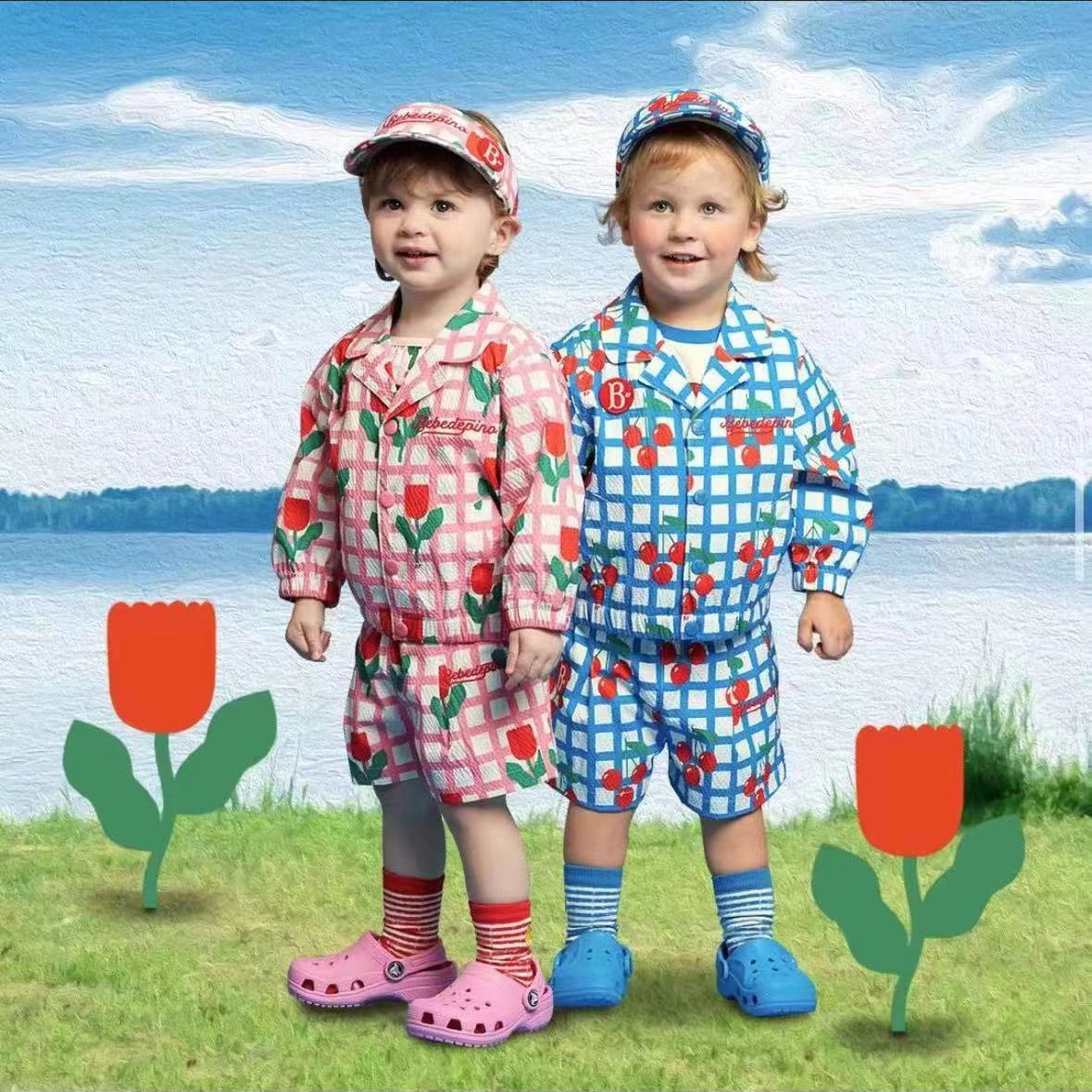 贝贝 两色格子玫瑰花 樱桃 套装