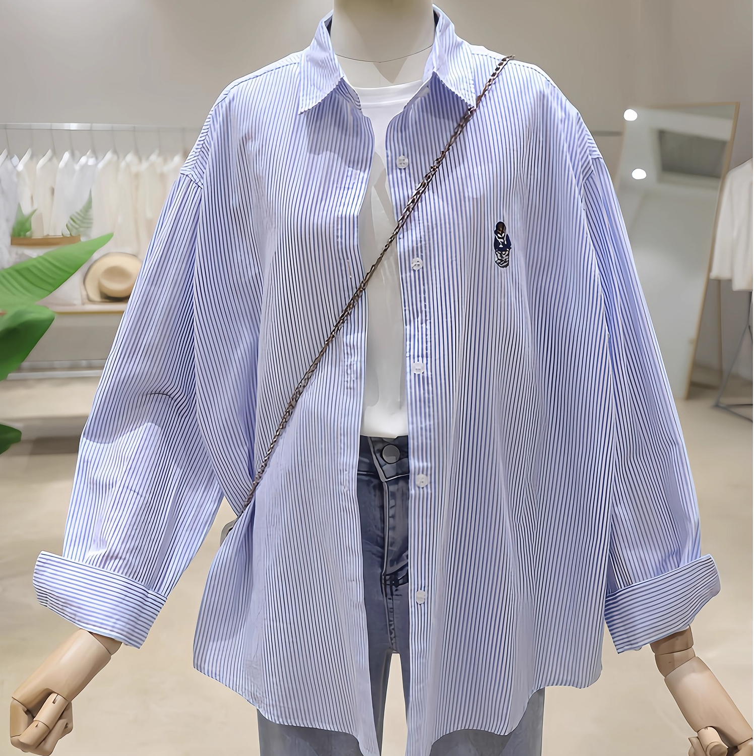 细条纹衬衫外套女春夏秋季新款韩版宽松百搭长袖叠穿刺绣全棉衬衣