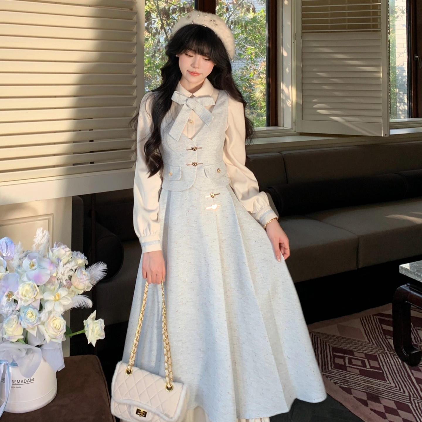 Blovelan南法微风 甜美学院风polo领连衣裙收腰显瘦气质减龄长裙