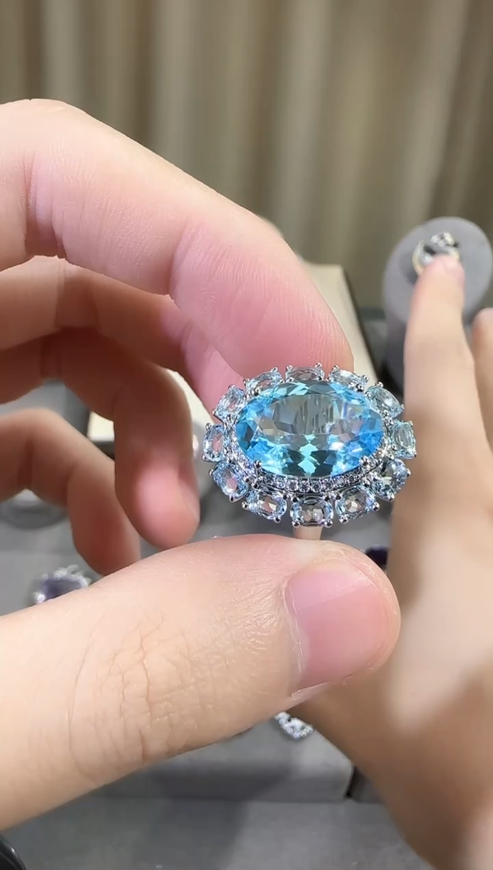 银S925镶嵌戒指托帕石10*14mm瑞士蓝戒指