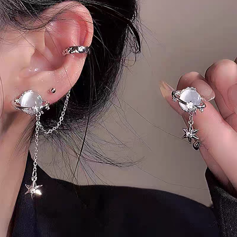 铜合金耳饰 1235不对称环绕星球耳钉耳骨夹一体式气质耳饰女