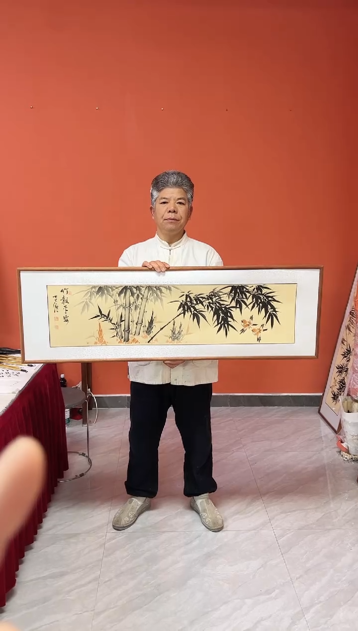 书法张富民手绘作品/竹报平安/横幅/122*40古宣（（乌檀木外框）