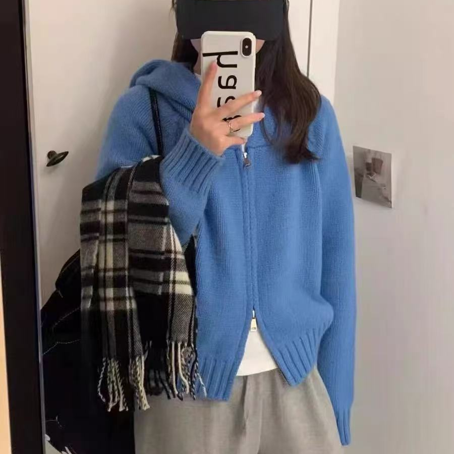 韩系慵懒纯色连帽双拉链针织开衫 