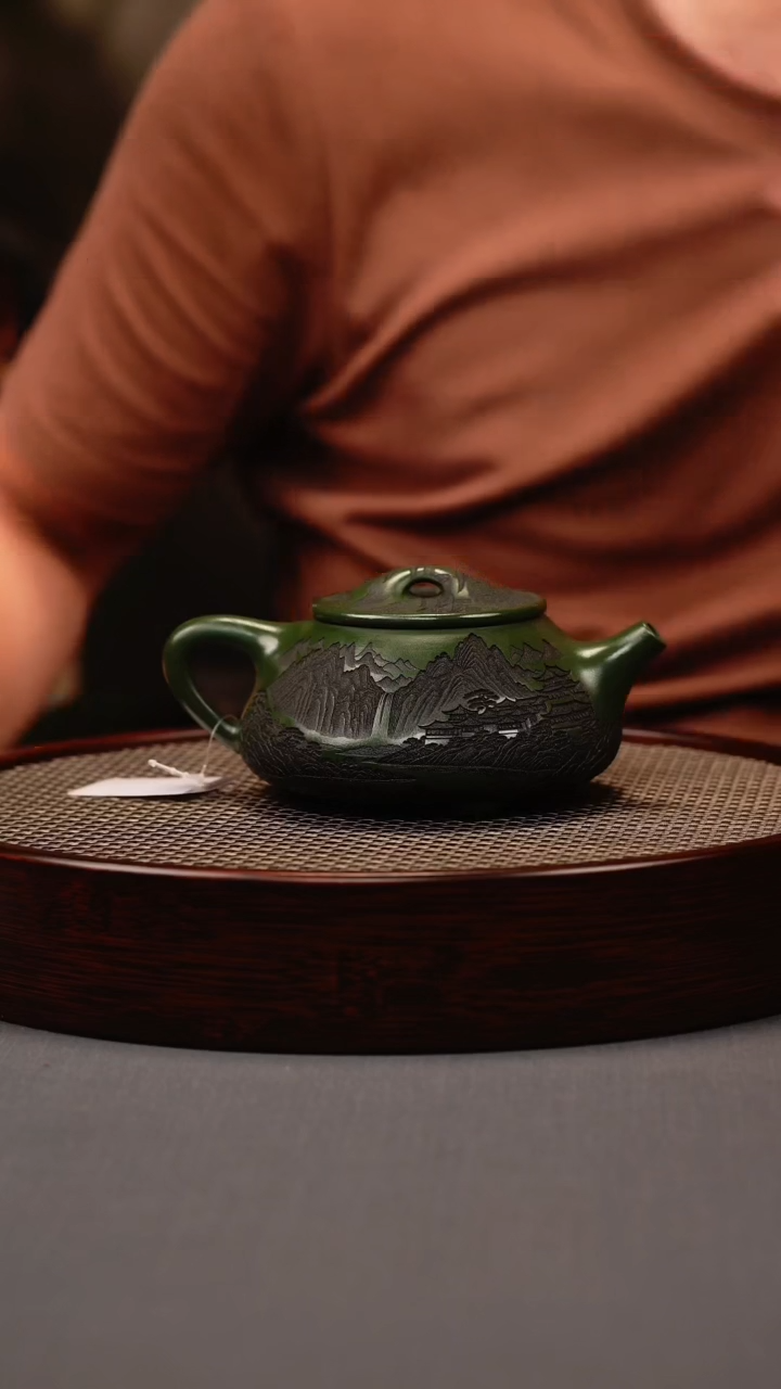 茶壶紫砂绿泥 景州石瓢 刻绘