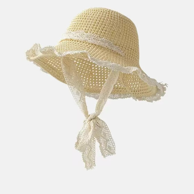 田园风蕾丝绑带镂空遮阳太阳帽夏季女士海边度假风草帽H4157
