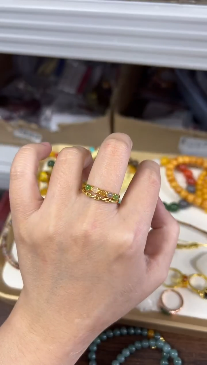 银S925镶嵌和田玉耳饰和田玉小多宝两叠带银镶嵌戒指[58]