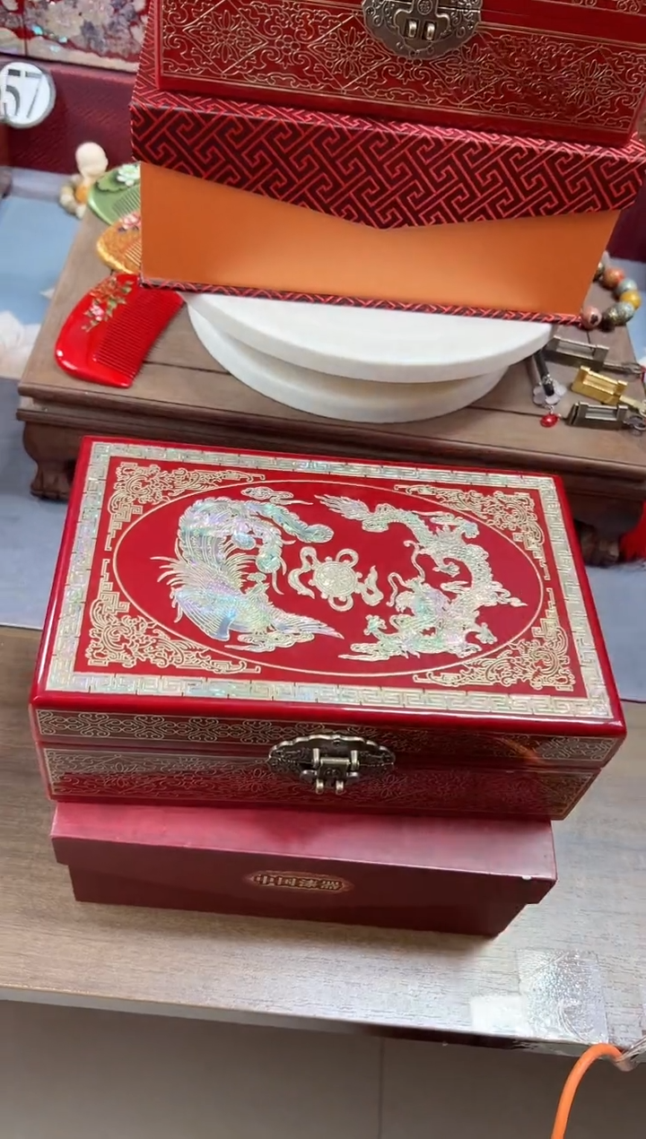 24厘米新款双层掐丝螺钿镶嵌酒红色龙凤呈祥