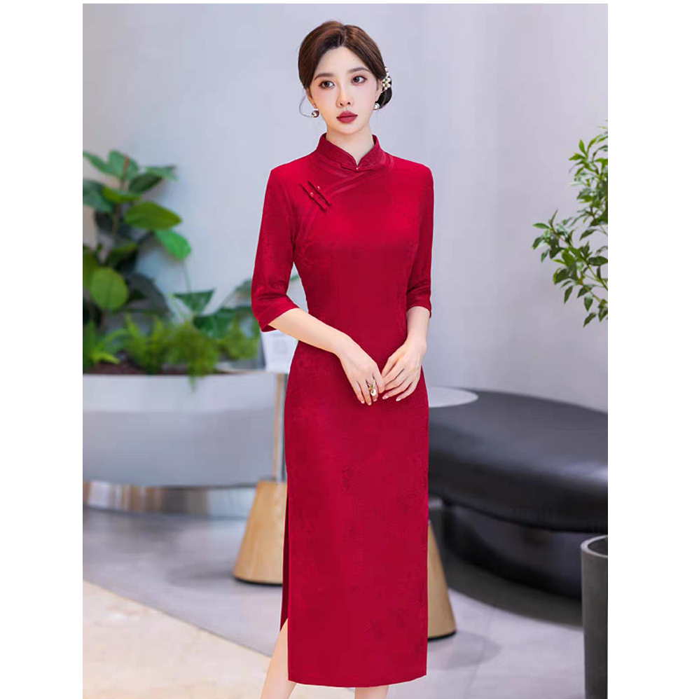 XJ-红色玫瑰提花双包边气质旗袍