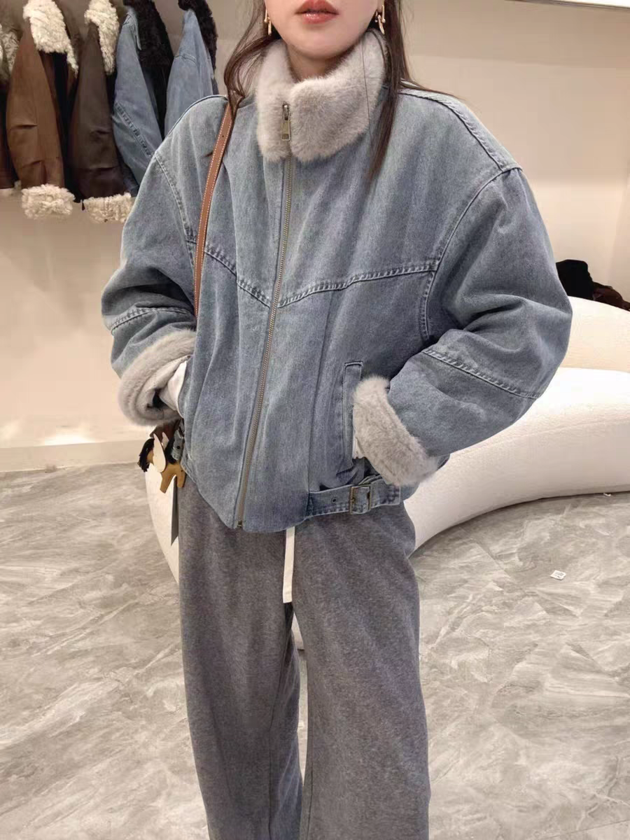 萌萌 加棉加厚牛仔外套女新款宽松休闲毛拼接棉服99727