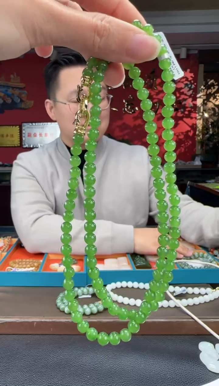 颈饰未镶嵌和田玉碧玉苹果绿108颗多圈卡6