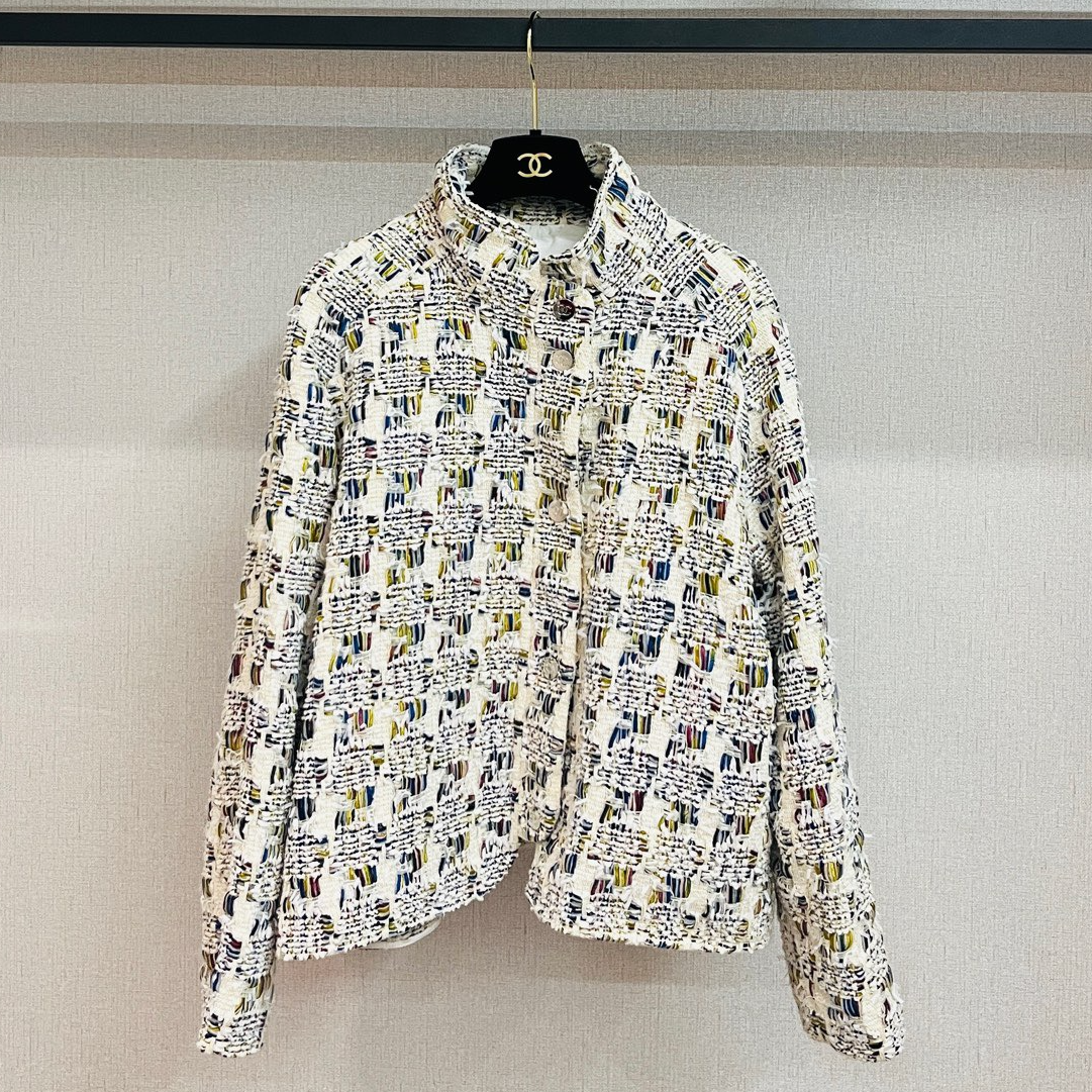 95新 Chanel/香奈儿 瀑布系列米色混色编织立领外套/f42/编号0599