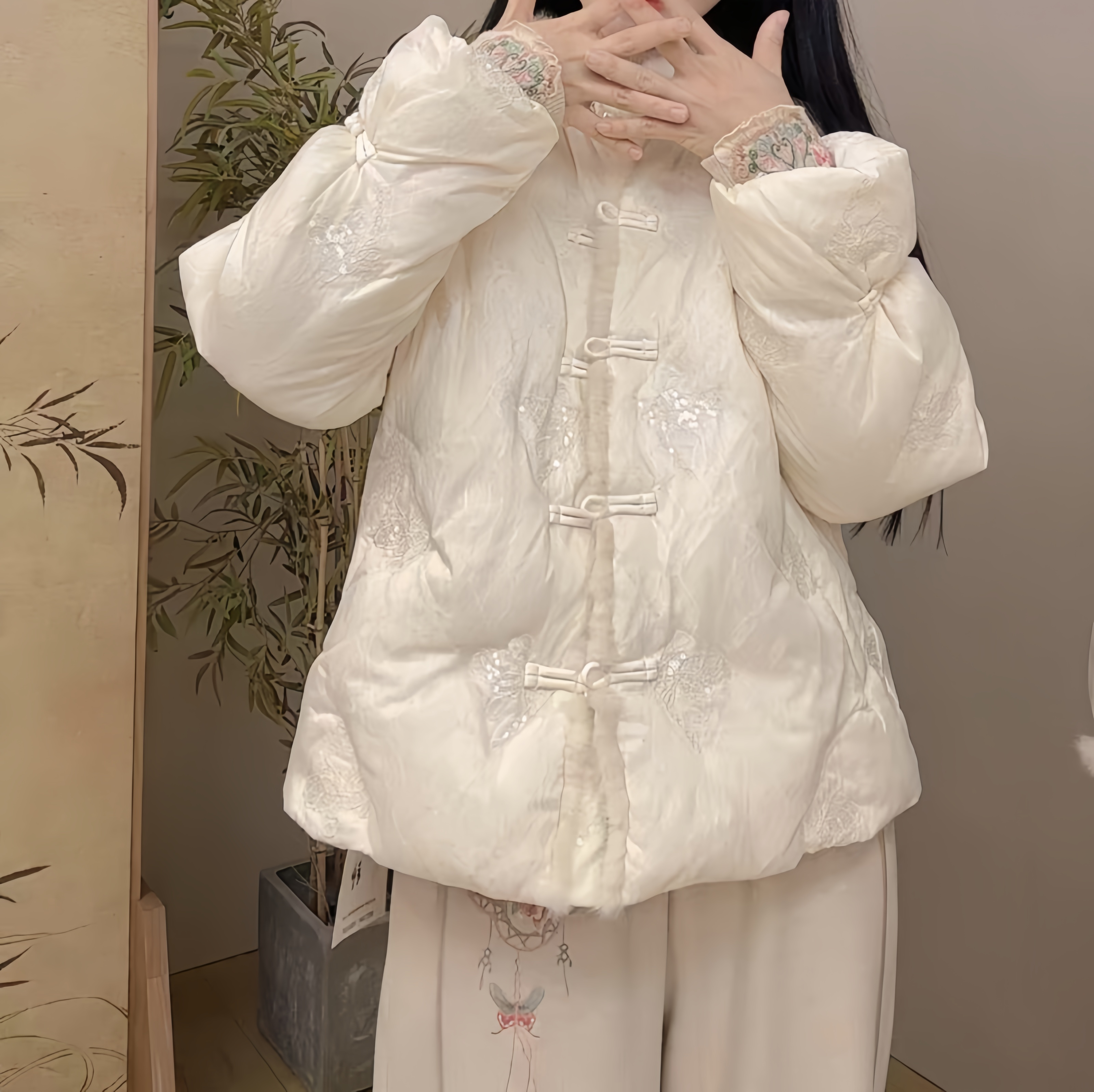 新中式棉衣女洋气百搭时尚显瘦亮片刺绣复古国风冬季新款