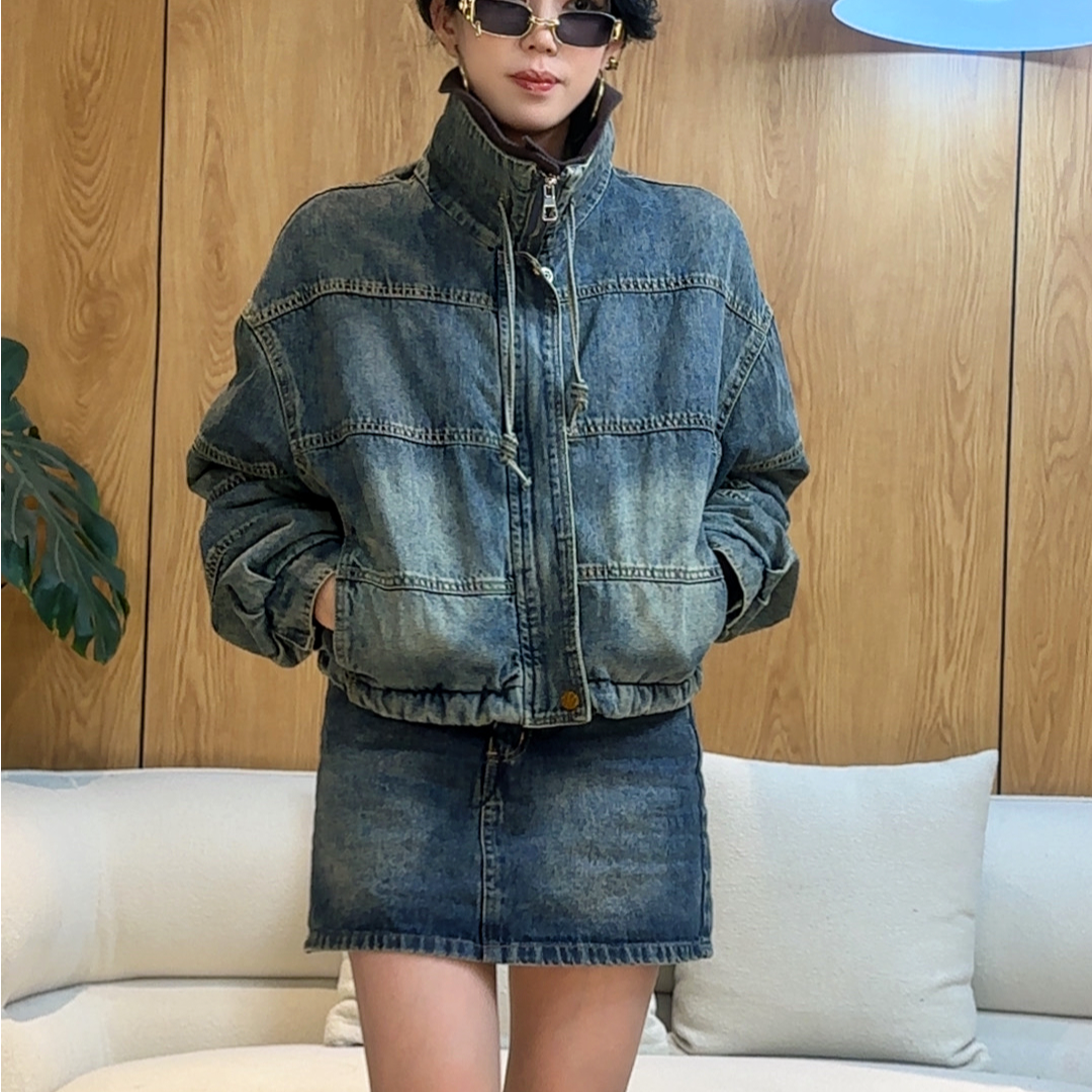 LIXIU-C设计感立领深咖色针织翻领可拆卸女短款牛仔棉服加厚