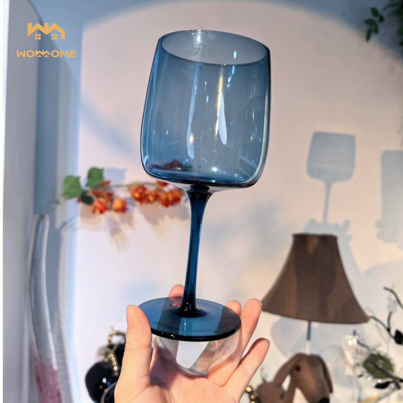 2只黛蓝色高脚款个性红酒果汁玻璃杯网红款小清新纯色创意欧式