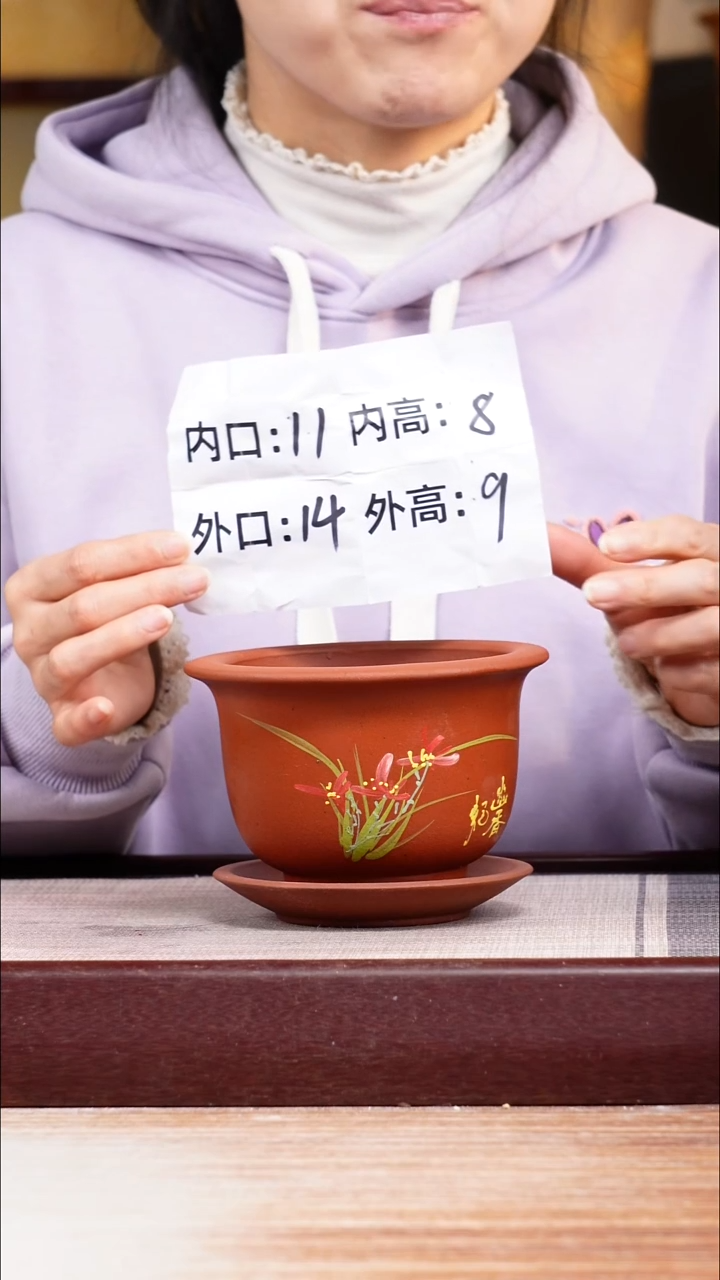 紫砂花盆新款清水泥兰花迷你矮圆盆一只带色差托