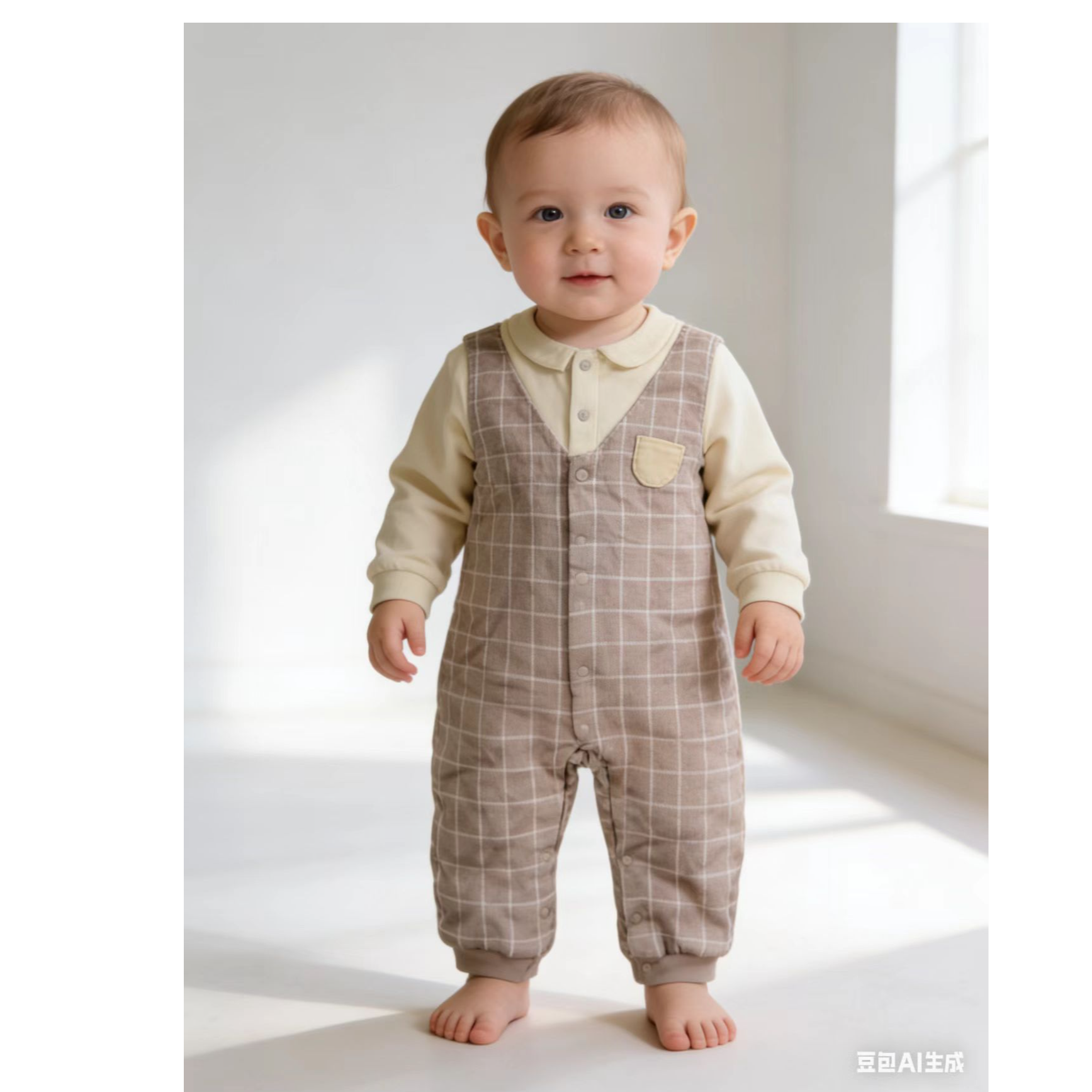 婴幼儿男童英伦风格子小口袋连体哈衣