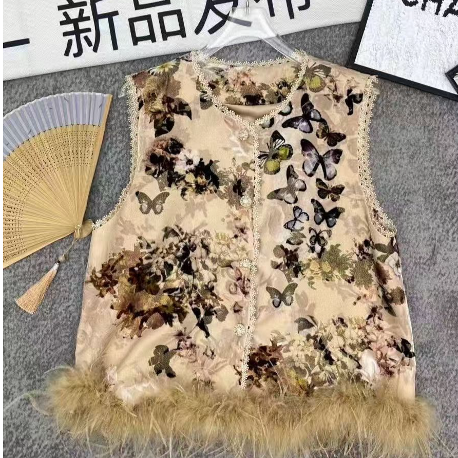 2025早秋新款女装时尚气质百搭显瘦高腰显瘦蕾丝边蝴蝶丝绒马甲女