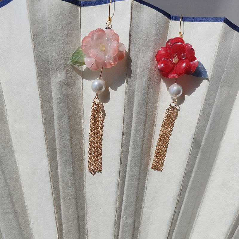 风雪初晴 铜合金耳饰 风雪初晴浮影莲山茶花耳环手工少女复古代