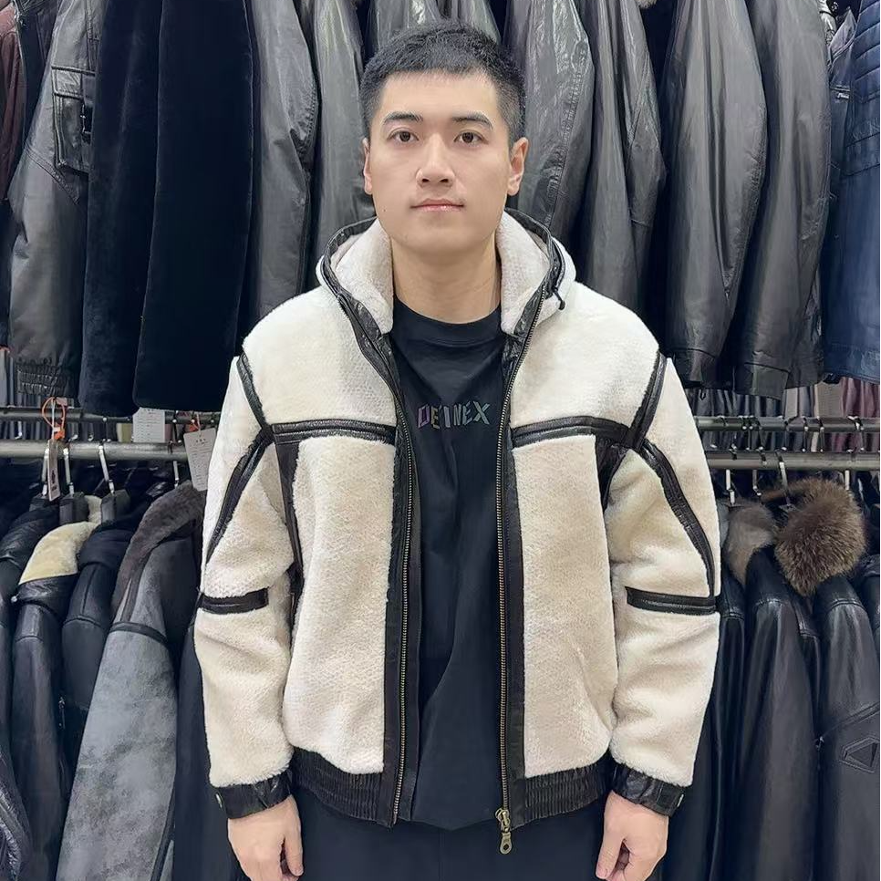 皮毛一体羊皮羊毛本色反穿原生态配油蜡牛皮连帽工装夹克
