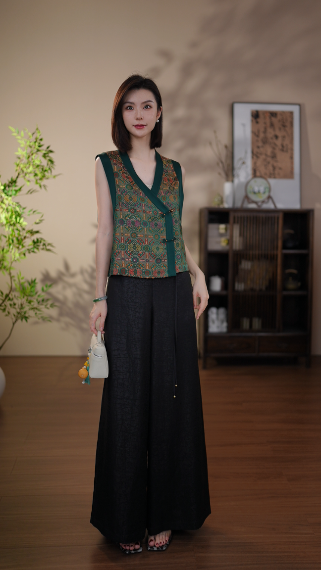 GONG QUE 新中式桑蚕丝斜襟马甲气质拼接马夹 3016